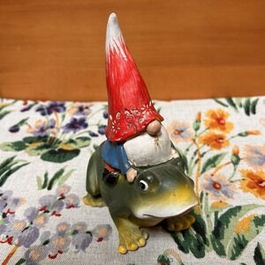 Fairy Garden Gnome Sitting Frog Resin Figurine 7" Cottagecore Whimsical Yard Art